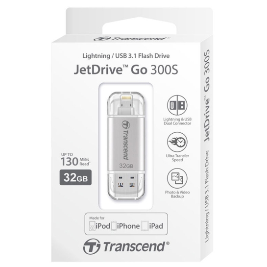 Зовнішній накопичувач USB-Flash 3.1/Lightning 32Gb Transcend JetDrive Go 300 Silver - ціна, характеристики, відгуки, розстрочка, фото 2