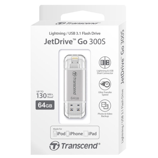 Зовнішній накопичувач USB-Flash 3.1/Lightning 64Gb Transcend JetDrive Go 300 Silver - ціна, характеристики, відгуки, розстрочка, фото 2