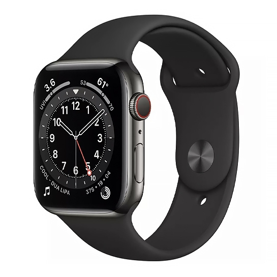 Смарт-годинник Apple Watch Series 6 + LTE 44mm Graphite Stainless Steel Case with Black Sport Band - ціна, характеристики, відгуки, розстрочка, фото 1