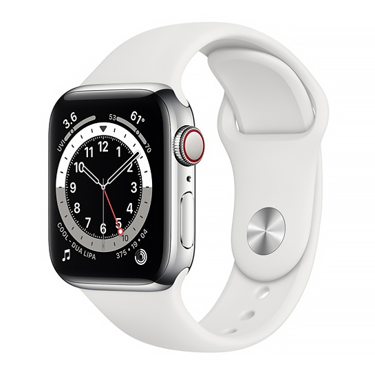 Смарт-годинник Apple Watch Series 6 + LTE 44mm Silver Stainless Steel Case with White Sport Band - ціна, характеристики, відгуки, розстрочка, фото 1
