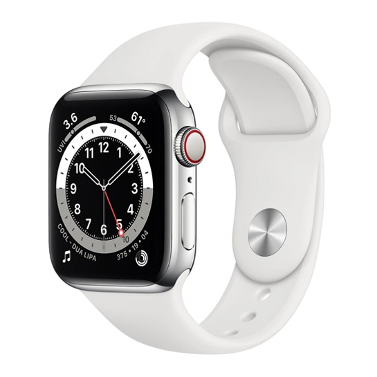 Б/У Смарт-часы Apple Watch Series 6 + LTE 44mm Silver Stainless Steel Case with White Sport Band (Отличное)