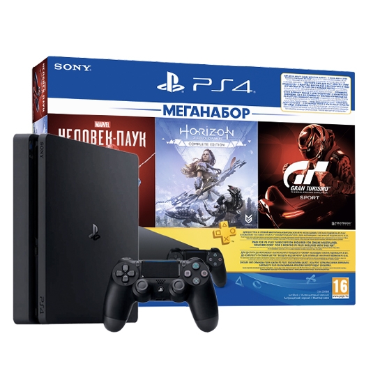 Игровая консоль Sony PlayStation 4 Slim 1TB + Spider-Man + Horizon Zero Dawn Complete Edition + Gran Turismo Sport + PlayStation Plus (3 месяца) - цена, характеристики, отзывы, рассрочка, фото 1