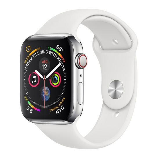 Смарт-часы Apple Watch Series 4 + LTE 44mm Stainless Steel Case with White Sport Band - цена, характеристики, отзывы, рассрочка, фото 1