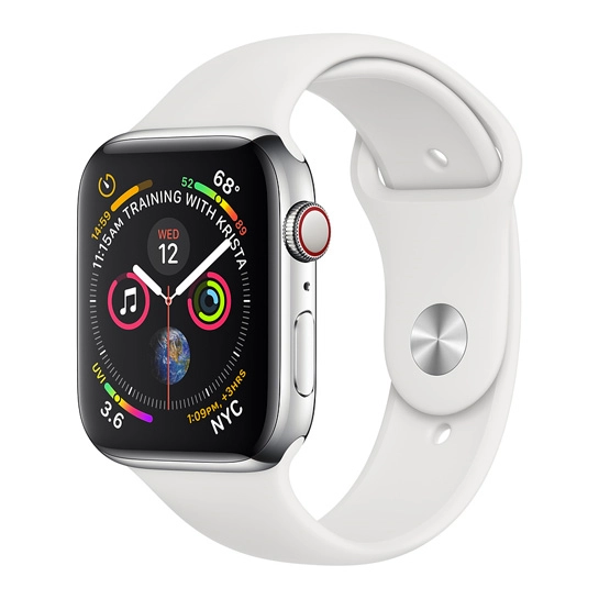 Смарт-часы Apple Watch Series 4 + LTE 44mm Stainless Steel Case with White Sport Band