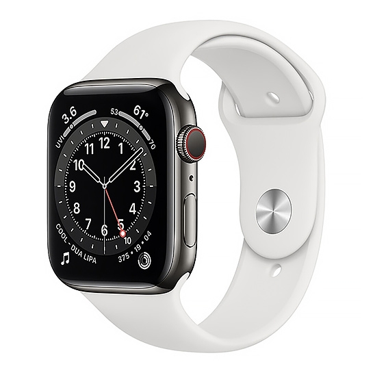 Смарт-годинник Apple Watch Series 6 + LTE 44mm Graphite Stainless Steel Case with White Sport Band - ціна, характеристики, відгуки, розстрочка, фото 1