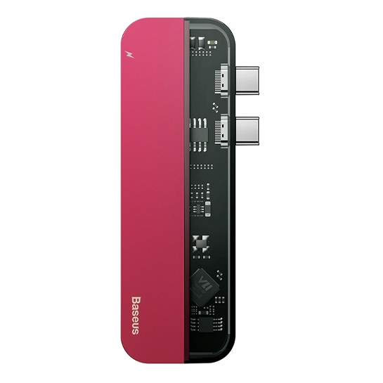 USB-хаб Baseus Transparent Series Dual Type-C to USB3.0/HDMI/Type-C Adapter Red - ціна, характеристики, відгуки, розстрочка, фото 1