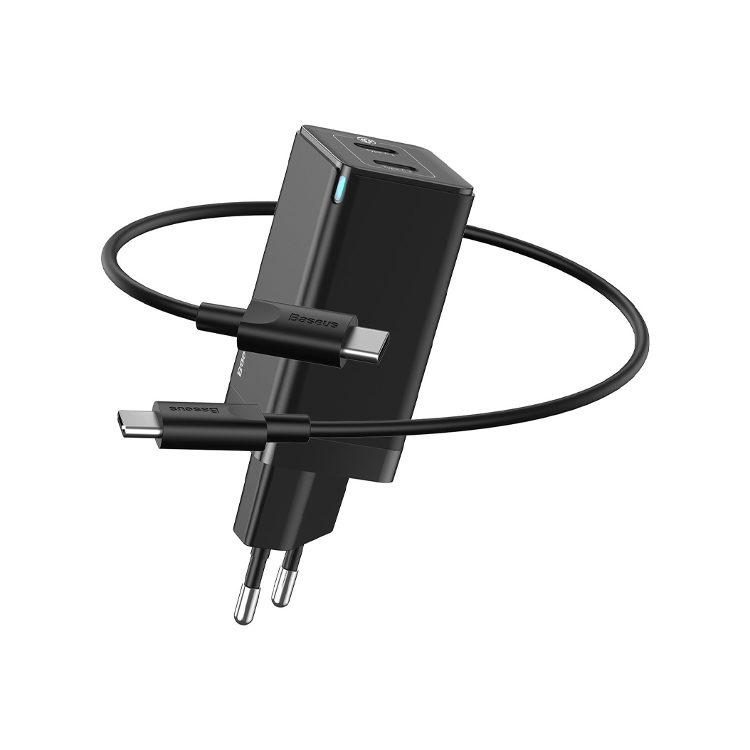 Мережевий зарядний пристрій + Кабель Baseus GaN Mini Quick Charger C+C 45W Black - ціна, характеристики, відгуки, розстрочка, фото 1