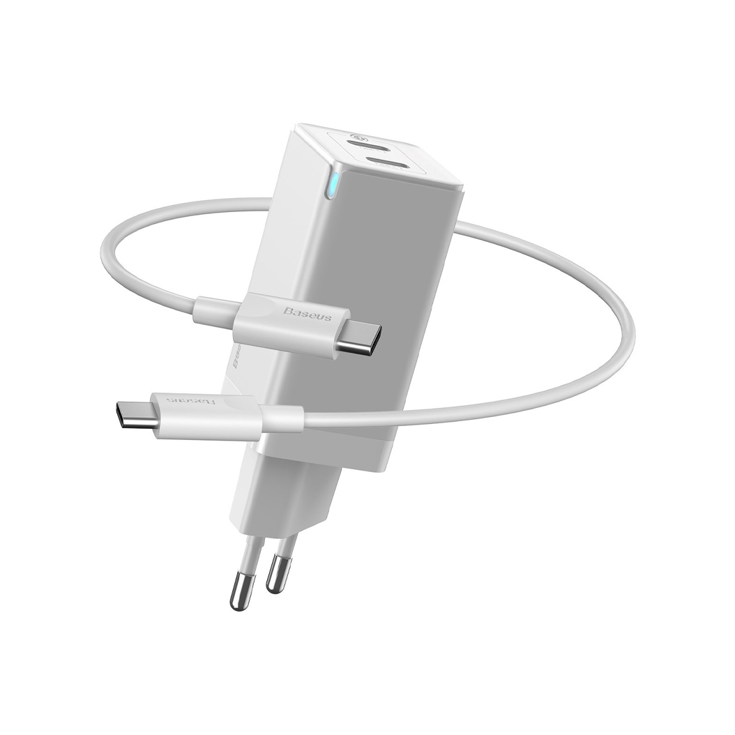 Мережевий зарядний пристрій + Кабель Baseus GaN Mini Quick Charger C+C 45W White - ціна, характеристики, відгуки, розстрочка, фото 1
