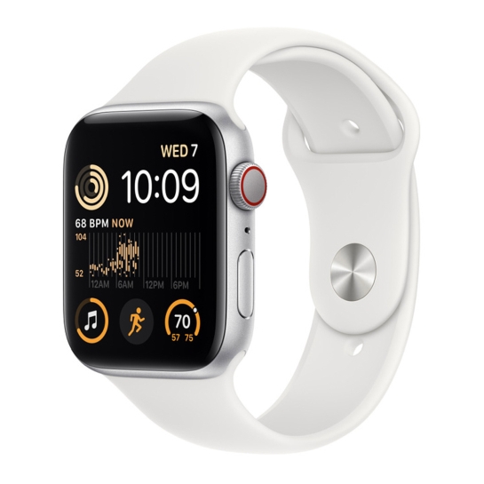 Apple Watch SE 2 + LTE 44mm Silver Aluminum Case with White Sport Band - ціна, характеристики, відгуки, розстрочка, фото 1