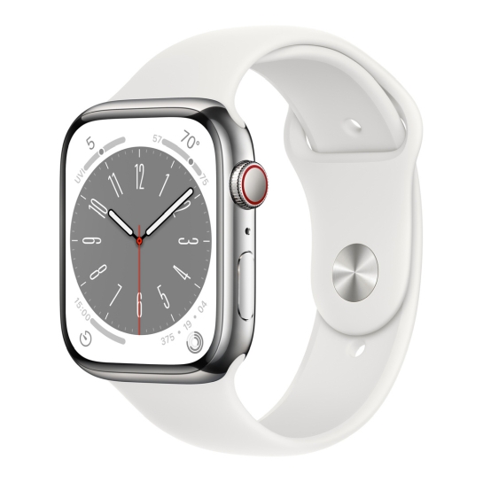 Apple Watch 8 + LTE 45mm Silver Stainless Steel Case with White Sport Band - ціна, характеристики, відгуки, розстрочка, фото 1