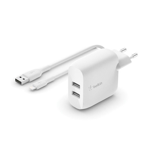 Мережевий зарядний пристрій Belkin Home Charger Dual USB-A Lightnin (1 m) 24W White - ціна, характеристики, відгуки, розстрочка, фото 1
