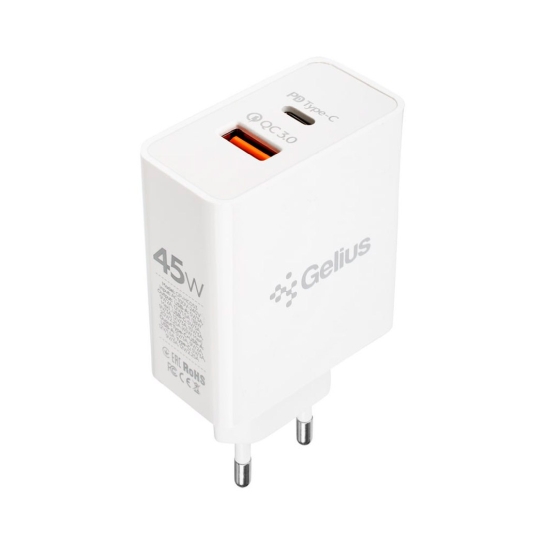 Мережевий зарядний пристрій Gelius X-Duo Pro 45W USB to Type-C White + Cable Type-C to Type-C - ціна, характеристики, відгуки, розстрочка, фото 1