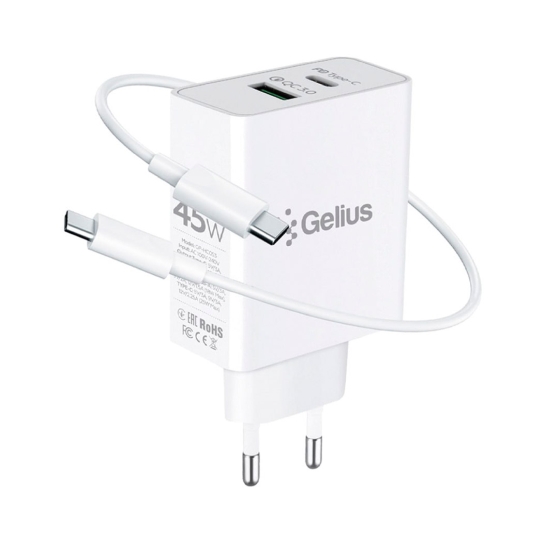 Мережевий зарядний пристрій Gelius X-Duo Pro 45W USB to Type-C White + Cable Type-C to Type-C - ціна, характеристики, відгуки, розстрочка, фото 2