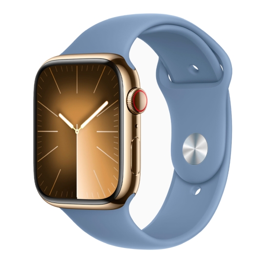 Apple Watch 9 + LTE 45mm Gold Stainless Steel Case with Winter Blue Sport Band - ціна, характеристики, відгуки, розстрочка, фото 1