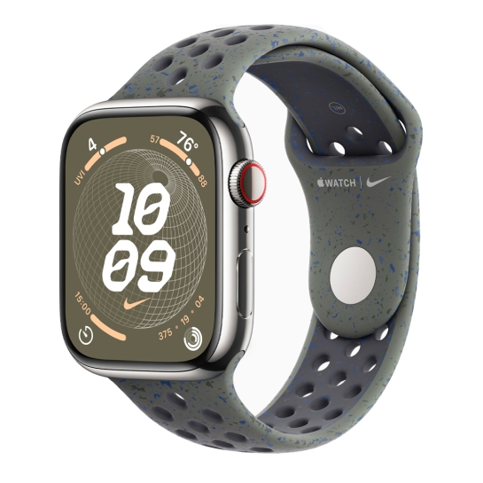 Apple Watch 9 + LTE 45mm Silver Stainless Steel Case with Cargo Khaki Nike Sport Band - ціна, характеристики, відгуки, розстрочка, фото 1