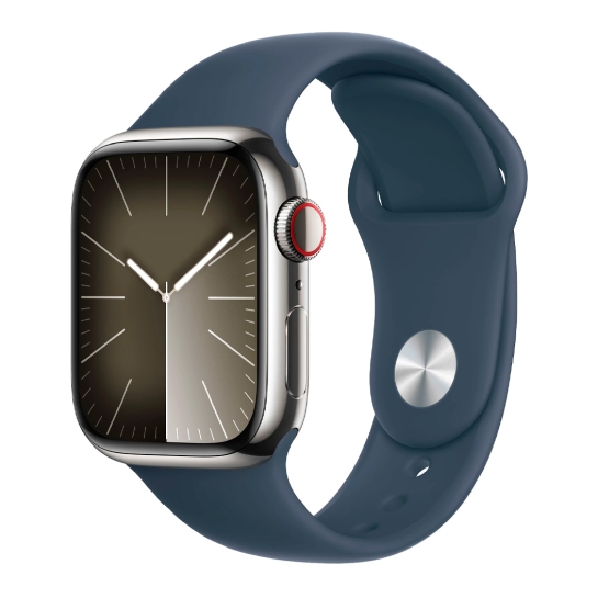 Apple Watch 9 + LTE 45mm Silver Stainless Steel Case with Storm Blue Sport Band - S/M - ціна, характеристики, відгуки, розстрочка, фото 1
