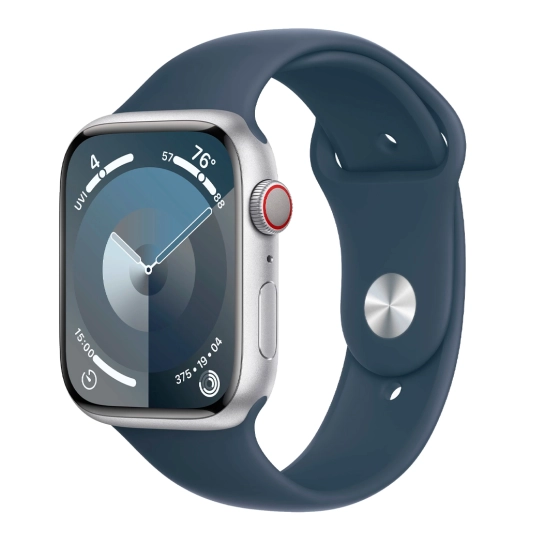 Б/У Смарт-годинник Apple Watch 9 + LTE 45mm Silver Aluminum Case with Storm Blue Sport Band (Идеальное)
