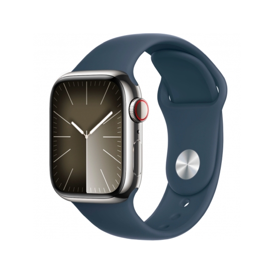 Apple Watch 9 + LTE 41mm Silver Stainless Steel with Storm Blue Sport Band - M/L - ціна, характеристики, відгуки, розстрочка, фото 1