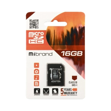 Карта памяти Wibrand microSDHC 16 Gb class 10 + adapter (WICDHU1/16GB-A) - цена, характеристики, отзывы, рассрочка, фото 1