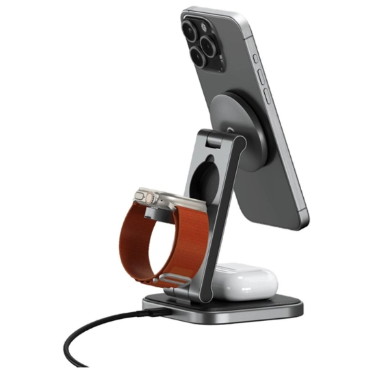 Бездротовий зарядний пристрій Satechi 3-in-1 Foldable Qi2 Stand Space Gray