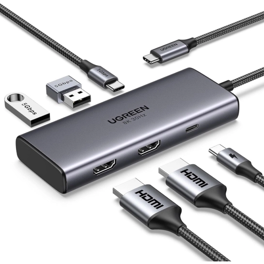 USB HUB Ugreen USB3.1 Type-C to HDMIx2 4K60Hz (8k30Hz)/USB3.0x2/Type-C/PD 100W CM498 (15852)