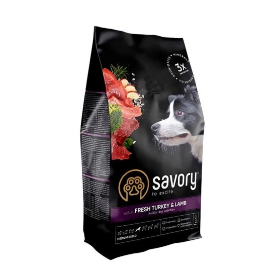 Сухой корм Savory Medium для собак средних пород, со свежим ягненком и индейкой, 1 кг