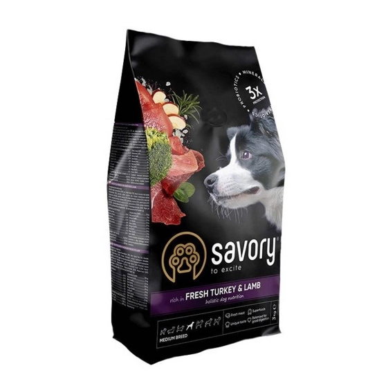 Сухой корм Savory Medium для собак средних пород, со свежим ягненком и индейкой, 3 кг
