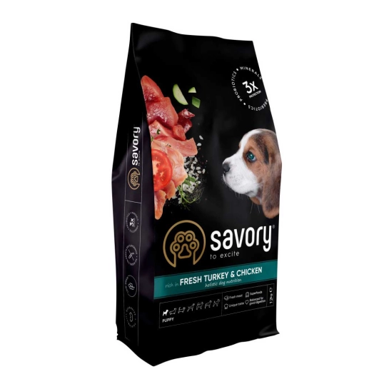Сухой корм Savory Puppy для щенков всех пород, со свежей индейкой и курицей, 12 кг