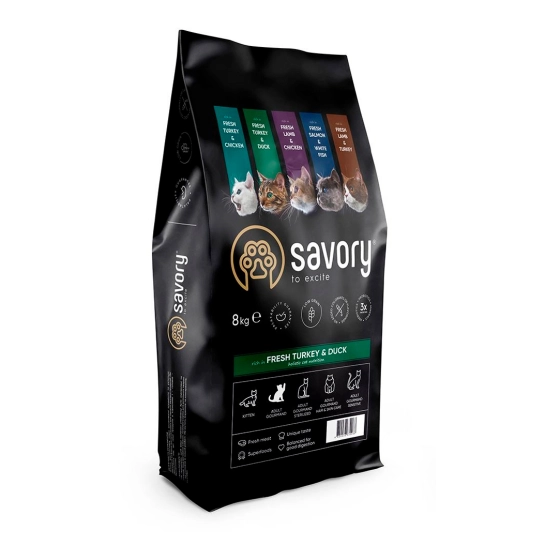 Сухой корм Savory для кошек гурманов, со свежей индейкой и уткой, 8 кг (30068)