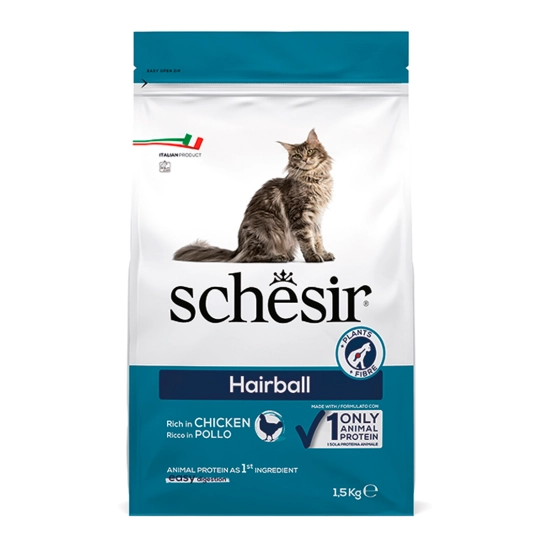 Сухой монопротеиновый корм Schesir Cat Hairball для выведения шерсти для кошек с длинной шерстью с курицей, 1.5 кг (ШКВВШ1.5)