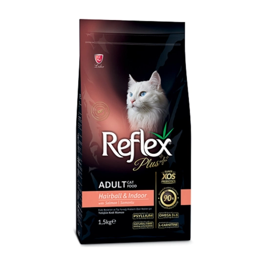 Корм для котов Reflex Plus с лососем, для домашних котов/вывод шерсти, 1,5 кг (RFX-307)