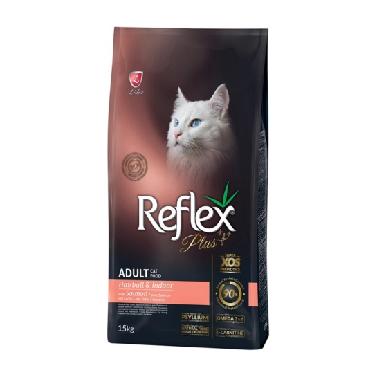 Корм для котов Reflex Plus с лососем, для домашних котов/вывод шерсти, 15 кг (RFX-407)