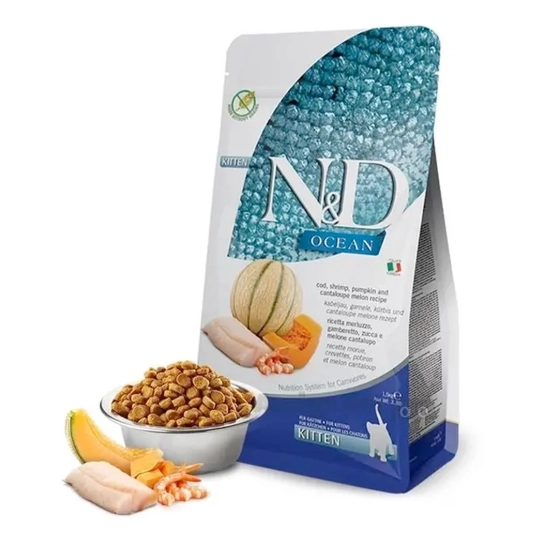 Сухой корм для котят Farmina N&D Grain Free Ocean Cod, Shrimp, Pumpkin & Cantaloupe Melon Kitten с Треской, Креветками, Тыквой и Дыней 1,5 кг (175584)