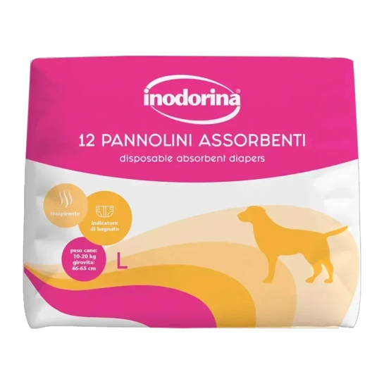 Подгузники для собак сук абсорбирующие с индикатором влажности Inodorina Pannolini Assorbenti, размер L, 12 шт (250.0100.004)
