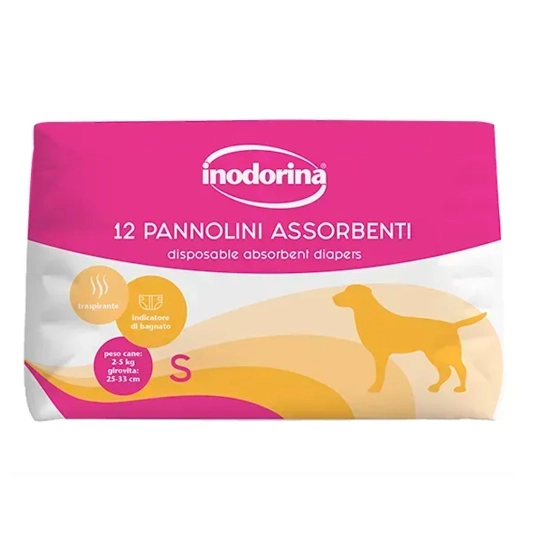 Подгузники для собак сук абсорбирующие с индикатором влажности Inodorina Pannolini Assorbenti, размер S, 12 шт (250.0100.002)