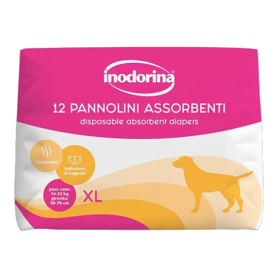 Подгузники для собак сук абсорбирующие с индикатором влажности Inodorina Pannolini Assorbenti, размер XL, 12 шт (250.0100.005)