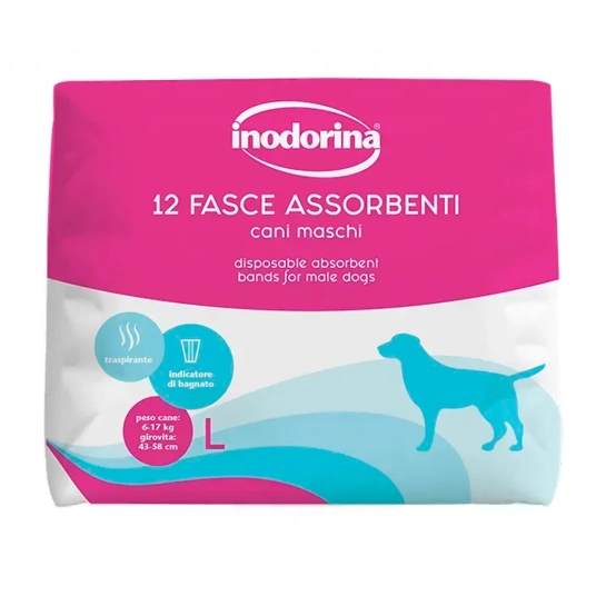 Гигиенический абсорбирующий пояс для кобелей с индикатором влажности Inodorina Pannolini Fasce Assorbenti Cani Maschi, размер L, 12 шт (250.0100.009)