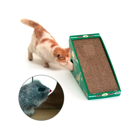 Похила картонна кігтеточка з мишкою Flamingo Scratching Board, для кішок, 59x21x32 см (46092)