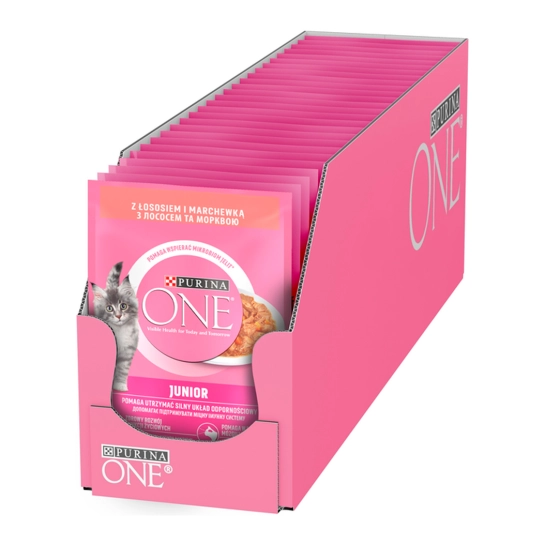 Влажный корм Purina One Junior для котят, с лососем и морковью, упаковка 26х85 г (7613038224466)