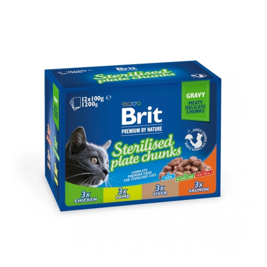 Набор влажных кормов для стерилизованных кошек Brit Premium Cat Family Plate ассорти из 4 вкусов, паучи 12 х 100 г (111834)