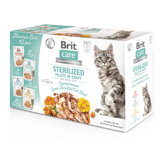 Набор влажных кормов для стерилизованных кошек Brit Care Flavour Box Sterilized филе в соусе, паучи 12 х 85 г (101048)