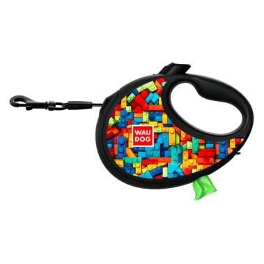 Рулетка-повідець для собак WAUDOG R-leash з контейнером для пакетів, малюнок Блоки, світловідбивна стрічка, L, до 40 кг, 5 м (257-4056) - цена, характеристики, отзывы, рассрочка, фото 1