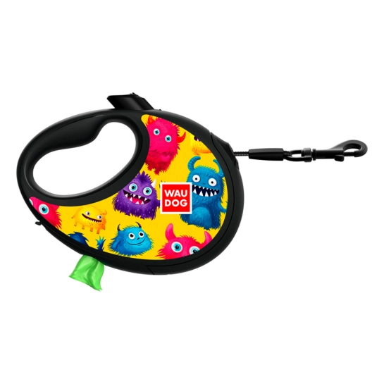 Рулетка-поводок для собак WAUDOG R-leash с контейнером для пакетов, рисунок Мохнатые монстры, светоотражающая лента, M, до 20 кг, 5 м (256-4050)