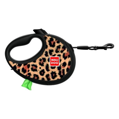 Рулетка-повідець для собак WAUDOG R-leash з контейнером для пакетів, малюнок Леопард, світловідбивна стрічка, M, до 20 кг, 5 м (256-4066) - цена, характеристики, отзывы, рассрочка, фото 1