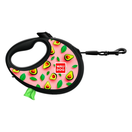 Рулетка-повідець для собак WAUDOG R-leash з контейнером для пакетів, малюнок Авокадо на рожевому, світловідбиваюча стрічка, L, до 40 кг, 5 м (257-4051)