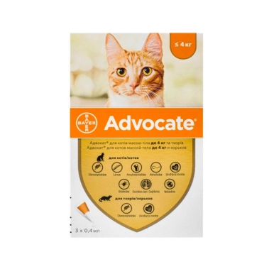 Краплі на холку для кішок Bayer Advocate до 4 кг (3 шт. по 0,4 мл) (54176) - цена, характеристики, отзывы, рассрочка, фото 1