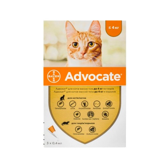 Краплі на холку для кішок Bayer Advocate до 4 кг (3 шт. по 0,4 мл) (54176)