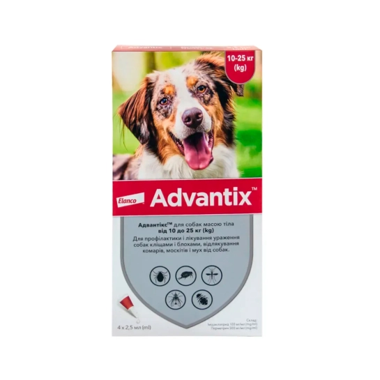 Краплі на загривку для собак Bayer Advantix 10–25 кг (4 шт. по 2,5 мл) (91009 /10289)