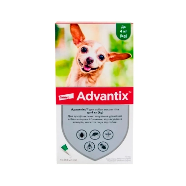 Краплі на загривку для собак Bayer Advantix для собак менше 4 кг (4 шт. по 0,4 мл) (54169) - цена, характеристики, отзывы, рассрочка, фото 1