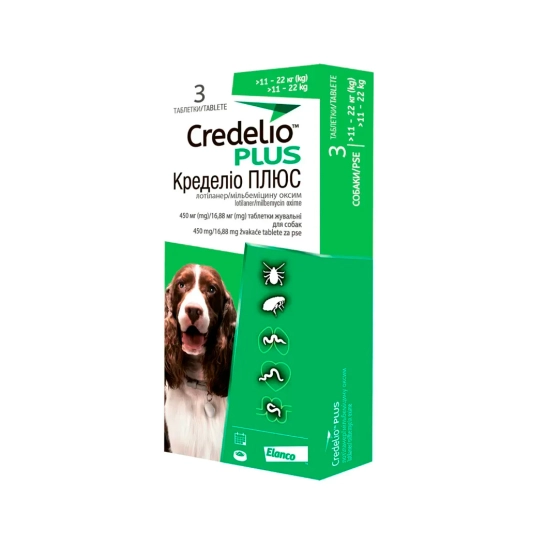 Пігулки Elanco Credelio Plus жувальні для собак 11-22 кг (450/16,88 мг), 3 табл. (184439)